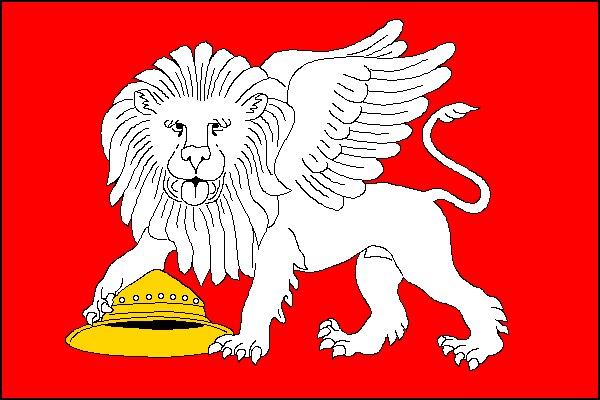 Červený list s kráčejícím čelně hledícím bílým okřídleným lvem přidržujícím pravou tlapou žlutý železný klobouk Poměr šířky k délce listu je 2:3.