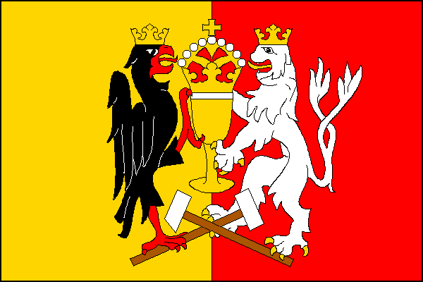 List tvoří žlutá žerďová a červená vlající část. Ve žlutém poli černá do středu listu obrácená orlice se žlutou korunou a červenou zbrojí. V červeném poli bílý dvouocasý lev ve skoku se žlutou korunou a zbrojí. Obě figury stojí pravou nohou na hnědých top