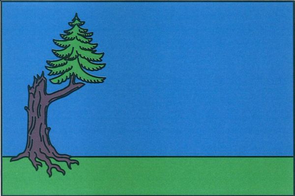 List tvoří dva vodorovné pruhy, modrý a zelený, v poměru 4 : 1. V žerďové části listu hnědý kmen zlomeného stromu s větví k vlajícímu okraji, z níž vyrůstá zelená jedle. Poměr šířky k délce listu je 2 : 3.