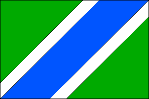 Zelený list s modrým šikmým pruhem vycházejícím z první třetiny dolního okraje do třetí třetiny horního okraje lemovaným dvěma bílými pruhy širokými jednu třetinu šířky modrého pruhu. Poměr šířky k délce listu je 2:3.