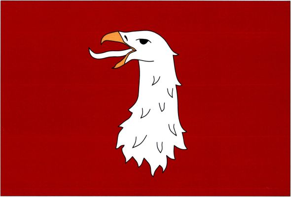 Červený list s bílou supí hlavou s krkem, se žlutým zobákem a bílým jazykem. Poměr šířky k délce listu je 2 : 3.