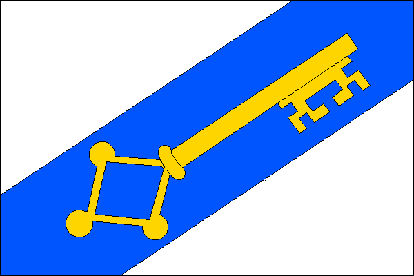 Bílý list s modrým šikmý pruhem, širokým polovinu šířky listu, s šikmým žlutým gotickým klíčem zuby nahoru a k vlajícími okraji. Poměr šířky k délce listu je 2:3.