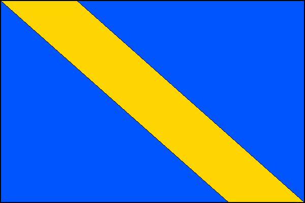 Modrý list se žlutým kosmým pruhem vycházejícím z první čtvrtiny horního okraje do čtvrté čtvrtiny dolního okraje listu. Poměr šířky k délce je 2:3.