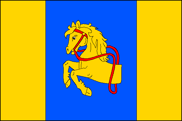 List tvoří tři svislé pruhy, žlutý, modrý a žlutý, v poměru 1:2:1. V modrém pruhu přední polovina žlutého koně s červeným uzděním. Poměr šířky k délce listu je 2:3.