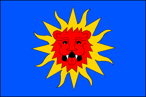Modrý list se žlutým sluncem s paprsky střídavě trojúhelníkovými a plamennými, v něm červená, čelně hledící lví hlava s bílými zuby. Poměr šířky k délce listu je 2:3.