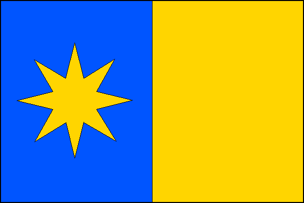 List tvoří dva svislé pruhy, modrý se žlutou osmicípou hvězdou a žlutý. Poměr šířky k délce listu je 2:3.