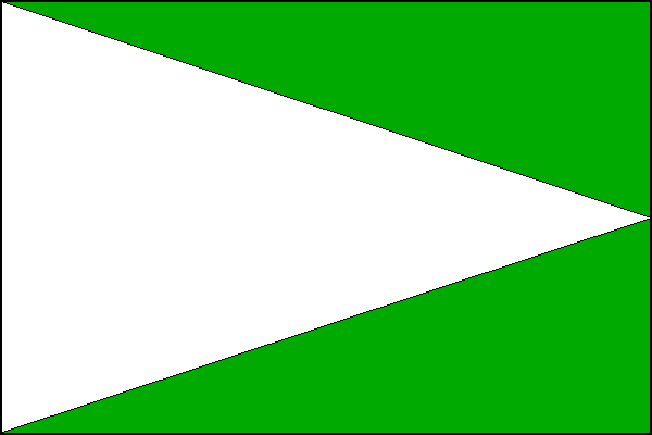 Zelený list s bílý žerďovým klínem s vrcholem na vlajícím okraji. Poměr šířky k délce listu je 2:3.