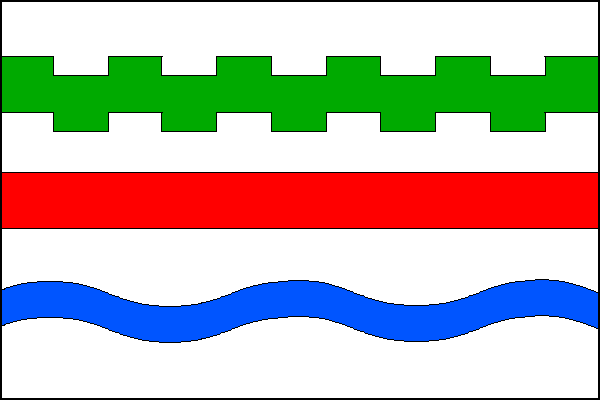List tvoří sedm vodorovných pruhů, bílý, zelený oboustranně zubatý posunutý s obdélníkovými zuby (6,5), bílý, červený, bílý, vlnitý modrý se třemi vrcholy a dvěma prohlubněmi a zvlněný bílý. Poměr šířky k délce listu je 2:3.