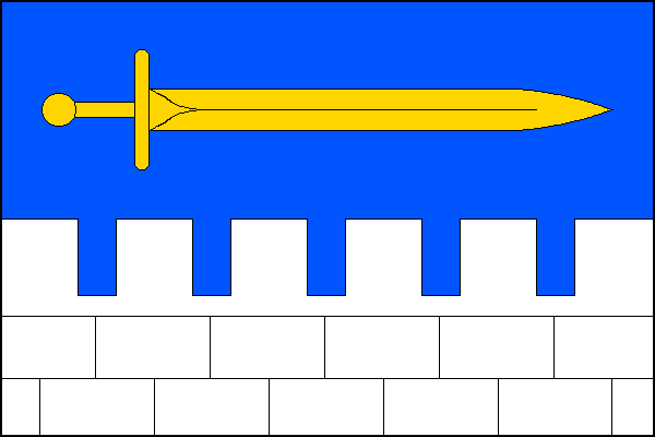 List tvoří dva vodorovné pruhy, modrý a zubatý kvádrovaný bílý. V modrém pruhu žlutý meč hrotem k vlajícímu okraji. Zubatý pruh má šest obdélníkových zubů a pět polovičních mezer. Poměr šířky k délce listu je 2:3.