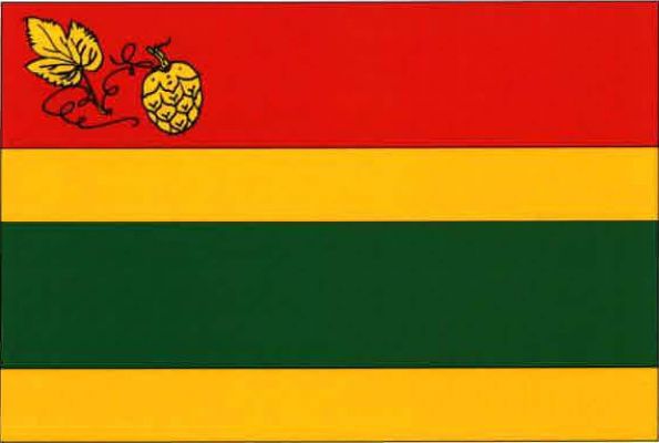 List tvoří čtyři vodorovné pruhy, červený, žlutý, zelený a žlutý, v poměru 2 : 1 : 2 : 1. V žerďové části červeného pruhu žlutý chmelový list s úponky a šišticí. Poměr šířky k délce listu je 2 : 3.