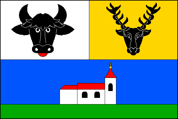 List tvoří tři vodorovné pruhy, bílo-žlutě polcený, modrý a zelený, v poměru 4:3:1. V bílém poli býčí hlava s červeným jazykem, ve žlutém poli jelení hlava, obojí černé a čelně hledící. Ze zeleného pruhu vyniká do modrého bílý kostel s věží k vlajícímu ok