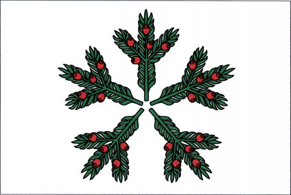 Bílý list s pěti (1, 2, 2) do kruhu odvrácenými zelenými větvičkami tisu s červenými plody. Poměr šířky k délce listu je 2 : 3.