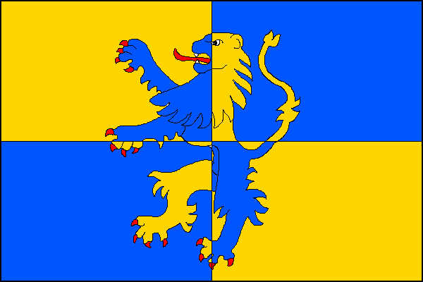 Žluto-modře čtvrcený list, uprostřed lev opačných barev s červenými drápy, jazykem a bílými zuby. Poměr šířky k délce listu je 2:3.