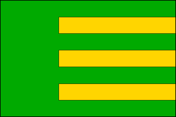 List tvoří zelený žerďový pruh široký jednu třetinu délky listu a sedm střídavě zelených a žlutých vodorovných pruhů. Poměr šířky k délce listu je 2:3.
