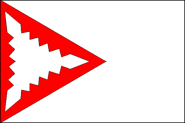 Bílý list s červeným žerďovým klínem v podobě rovnostranného trojúhelníku se stylizovaným bílým kopřivovým listem ze znaku obce. Poměr šířky k délce listu je 2:3.