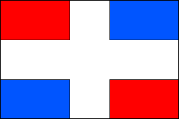 List tvoří bílý středový kříž o šířce ramene jedné třetiny šířky listu. Horní žerďové a dolní vlající pole je červené, dolní žerďové a horní vlající pole je modré. Poměr šířky k délce listu praporu je 2:3.