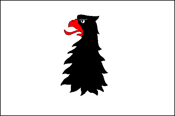 Bílý list s černou utrženou supí hlavou s červeným zobákem a jazykem. Poměr šířky k délce listu je 2:3.