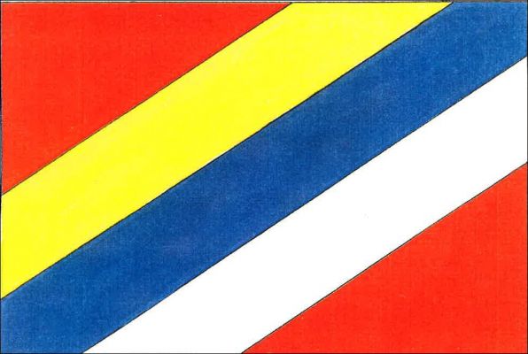 Červený list se šikmým, žluto-modro-bíle děleným pruhem širokým tři čtvrtiny šířky listu. Poměr šířky k délce listu je 2 : 3.