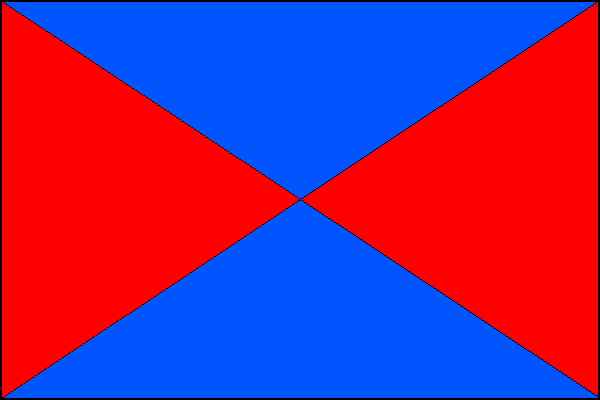 Červeno-modře kosmo a šikmo čtvrcený list. Poměr šířky k délce listu je 2:3.