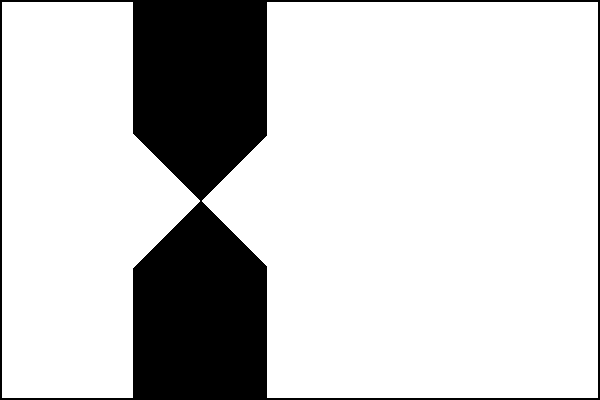 Bílý list s černým svislým pruhem širokým jednu třetinu šířky listu, jehož osa je v jedné třetině délky listu od žerďového okraje. Bílé žerďové a vlající pole zasahující do černého pruhu dvěma rovnoramennými pravoúhlými trojúhelníky se společným vrcholem 