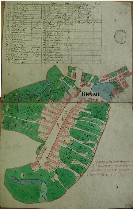  Výřez indikační skici Stabilního katastru zachycuje intravilán obce Bílany před rokem 1830. Mapa je uložena v Moravském zemském archívu v Brně.