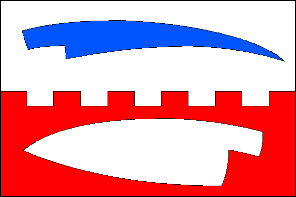 List tvoří dva vodorovné pruhy, bílý s modrým krojidlem hrotem k vlajícímu okraji a ostřím dolů a červený s bílou radlicí hrotem k žerdi a ostřím dolů. Červený pruh má šest obdélníkových zubů a pět stejných obdélníkových mezer. Plocha bílého a červeného p
