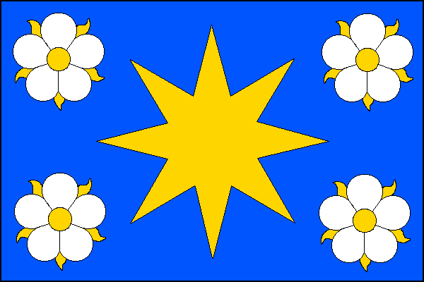Modrý list se žlutou osmicípou hvězdou, provázenou v rozích a cípech čtyřmi bílými pětilistými květy se žlutými středy a kališními lístky. Poměr šířky k délce listu je 2:3.