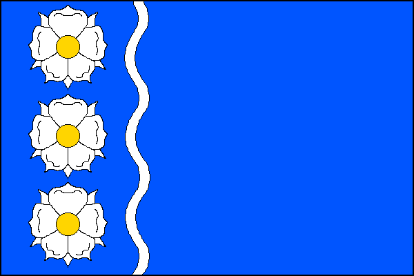 Modrý list se třemi bílými růžemi se žlutými semeníky v žerďové části, oddělené v jedné třetině délky listu bílým zvlněným pruhem o šířce 1/40 délky listu. Bílý pruh má směrem k žerdi tři vrcholy a čtyři prohlubně. Poměr šířky k délce listu je 2:3.