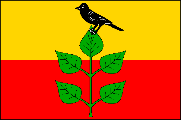 List tvoří dva vodorovné pruhy, žlutý a červený. Uprostřed vztyčená zelená větev s pěti (1,2,2) listy, na horním sedí černý pták. Poměr šířky k délce listu je 2:3.