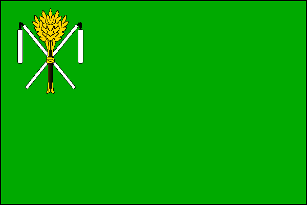 Zelený list s pěti žlutými svázanými obilnými klasy podloženými zkříženými bílými cepy v horním žerďovém rohu. Poměr šířky k délce listu je 2:3.