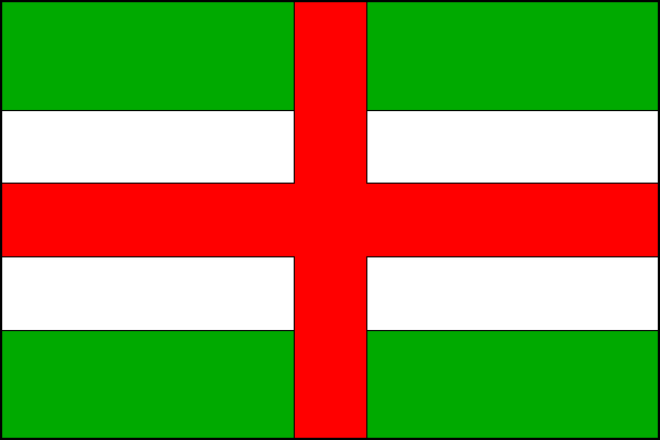 List tvoří tři vodorovné pruhy - zelený, bílý a zelený, v poměru 1:2:1, přes které je položen červený středový kříž široký jednu třetinu šířky bílého pruhu. Poměr šířky k délce listu je 2:3.