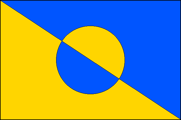 Modro-žlutý kosmo dělený list. Na středu kosmo dělené žluto-modré kruhové pole z obecního znaku. Poměr šířky k délce listu je 2:3.