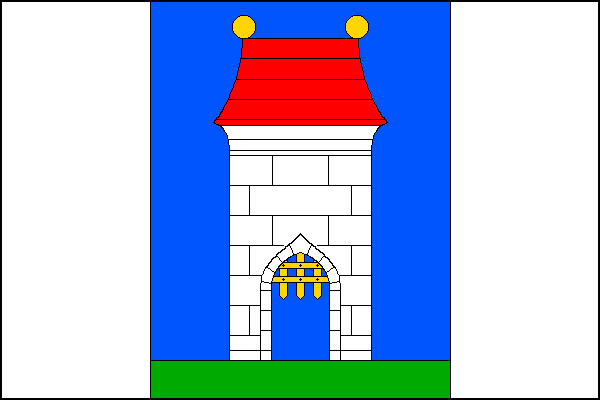 List tvoří tři svislé pruhy, bílý, modrý a bílý, v poměru 1:2:1. V modrém pruhu na dolním okraji zelený vodorovný pruh široký jednu desetinu šířky listu, na něm stojí bílá kvádrovaná věž s prázdnou branou se zdviženou žlutou mříží a červenou valbovou stře