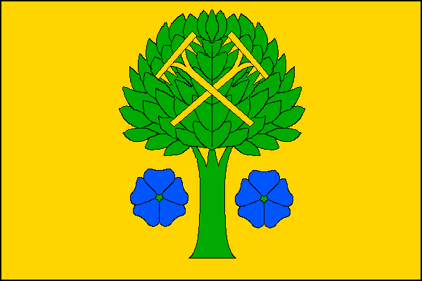 Žlutý list se zeleným uťatým habrem se dvěma zkříženými žlutými hráběmi v koruně a provázeným u kmenu modrými květy lnu se zelenými středy. Poměr šířky k délce listu je 2:3.