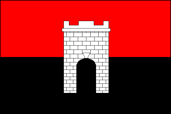 List tvoří vodorovné pruhy - červený a černý; na středové části bílá věž s cimbuřím o třech stínkách a prázdnou branou. Poměr šířky k délce listu je 2:3.