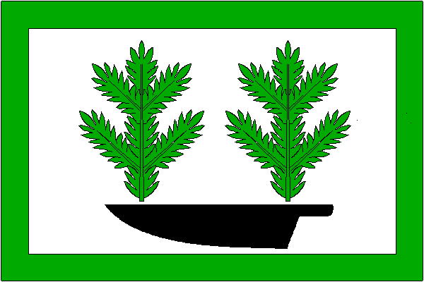 Bílý list se zeleným lemem širokým jednu desetinu šířky listu. Uprostřed dvě vztyčené zelené jehličnaté větévky nad černou radlicí hrotem k žerdi a ostřím k dolnímu okraji. Poměr šířky k délce listu je 2:3.