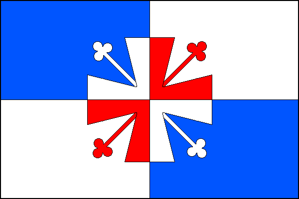 Modro-bíle čtvrcený list. Na středu bílo-červeně čtvrcený rovný kříž podložený ondřejským jetelovým křížem tak, že ramena křížů v bílém horním vlajícím a dolním žerďovém poli jsou červená a ramena křížů v modrém horním žerďovém a dolním vlajícím poli jsou
