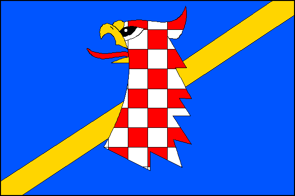 Modrý list se šikmým žlutým pruhem širokým jednu dvanáctinu délky listu. Uprostřed listu bílo-červeně šachovaná hlava orlice se žlutým zobákem a červeným jazykem. Poměr šířky k délce listu je 2:3.