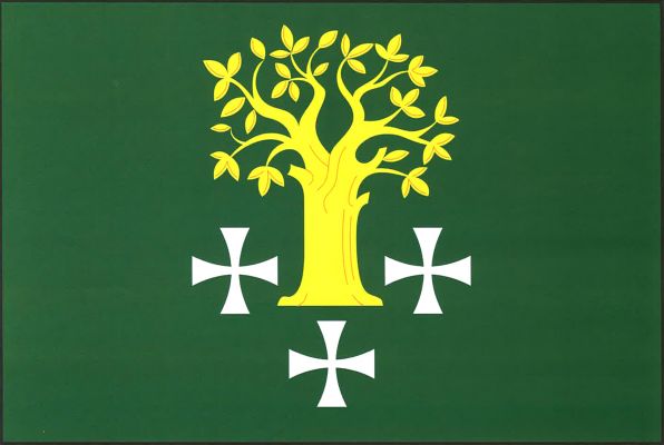 Zelený list, uprostřed žlutý buk, kmen provázen třemi (2, 1) bílými tlapatými kříži. Poměr šířky k délce listu je 2 : 3.