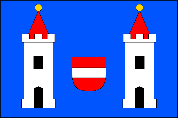 Modrý list se dvěma bílými věžemi s cimbuřím, červenou stanovou střechou se žlutou makovicí, branou a oknem, oboje černé. Mezi věžemi červený štítek s bílým břevnem. Poměr šířky k délce listu je 2:3.
