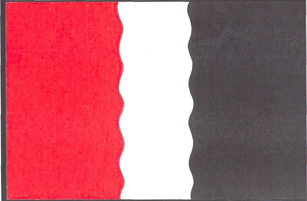 List tvoří tři svislé pruhy, červený, vlnitý bílý a černý, v poměru 2 : 1 : 2. Poměr šířky k délce listu je 2 : 3.