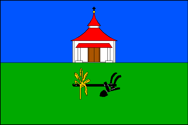 List tvoří dva vodorovné pruhy, modrý a zelený, ze kterého vyrůstá do modrého pruhu bílá kaple se zavřenými hnědými dveřmi a červenou stanovou střechou s červenou věžičkou zakončenou žlutou makovici s černým křížkem. Pod kaplí v zeleném pruhu černý pluh b