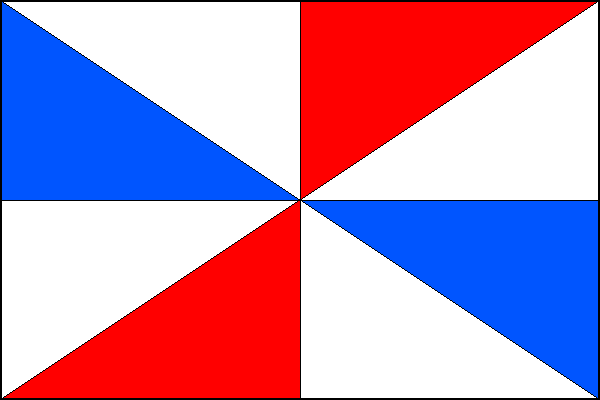 List tvoří osm polí v podobě pravoúhlých trojúhelníků vždy s jedním vrcholem ve středu listu. Horní žerďové a dolní vlající pole jsou modrá, horní vlající a dolní žerďové jsou červená, zbývající čtyři pole jsou bílá. Poměr šířky k délce listu je 2:3.