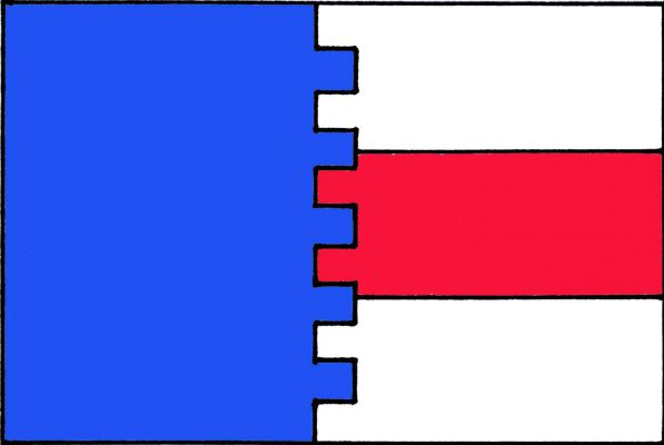 List tvoří žerďový modrý zubatý pruh, široký polovinu délky listu, a tři vodorovné pruhy, bílý, červený a bílý. Modrý pruh má pět čtvercových zubů a šest stejných mezer. Poměr šířky k délce listu je 2 : 3.