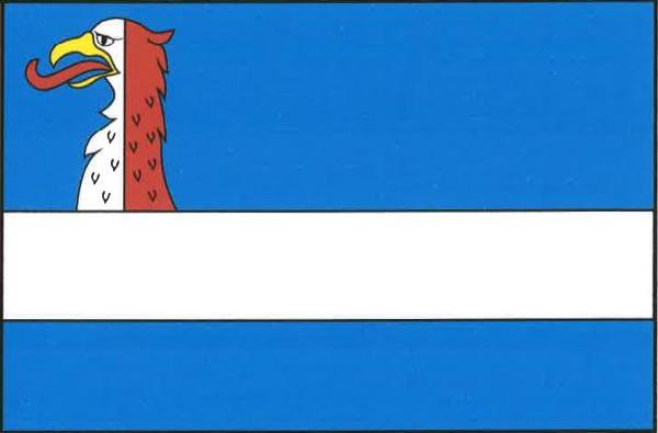 List tvoří tři vodorovné pruhy, modrý, bílý a modrý, v poměru 2 : 1 : 1. Do žerďové části horního pruhu vyrůstá bílo-červeně polcená hlava orlice s krkem a se žlutou zbrojí. Poměr šířky k délce listu je 2 : 3.