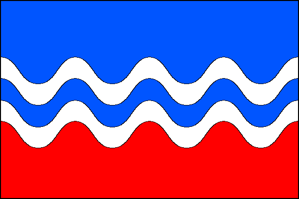 List tvoří pět vodorovných pruhů: modrý dole zvlněný, vlnitý bílý, modrý, bílý a zvlněný červený v poměru 8:3:3:3:11 na žerďovém okraji. Pruhy mají pět vrcholů a čtyři prohlubně. Poměr šířky k délce listu je 2:3.