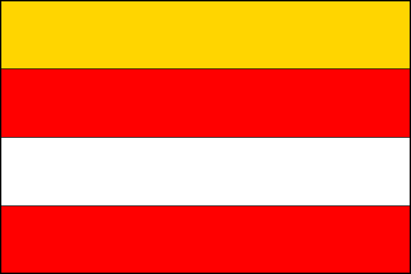 Čtyři vodorovné pruhy - žlutý, červený, bílý a červený. Poměr šířky k délce listu je 2:3.
