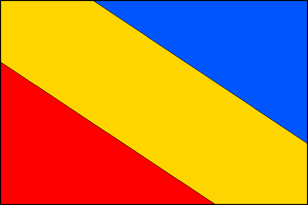 List je kosmým žlutým pruhem širokým jednu třetinu délky listu rozdělen na dvě trojúhelníková pole, vlající modré a žerďové červené. Poměr šířky k délce listu je 2:3.