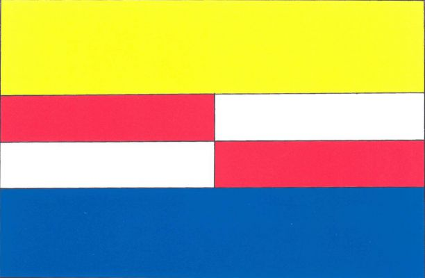 List tvoří tři vodorovné pruhy, žlutý, červeno-bíle čtvrcený a modrý. Poměr šířky k délce listu je 2 : 3.
