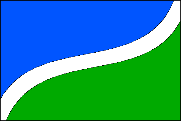 List dělený vlnitým šikmým bílým pruhem širokým jednu dvanáctinu délky listu o jednom vrcholu a jedné prohlubni, na žerďové modré a vlající zelené pole. Poměr šířky k délce listu je 2:3.